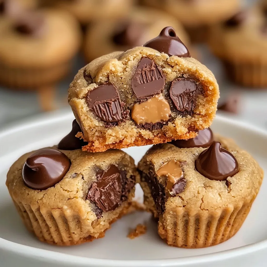 Soft and chewy Reese’s Peanut Butter Chocolate Chip Cookie Bites stacked on a plate.