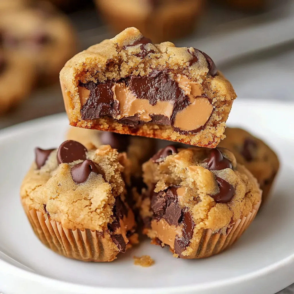 Soft and chewy Reese’s Peanut Butter Chocolate Chip Cookie Bites stacked on a plate.
