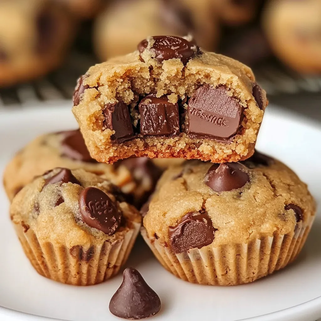 Soft and chewy Reese’s Peanut Butter Chocolate Chip Cookie Bites stacked on a plate.