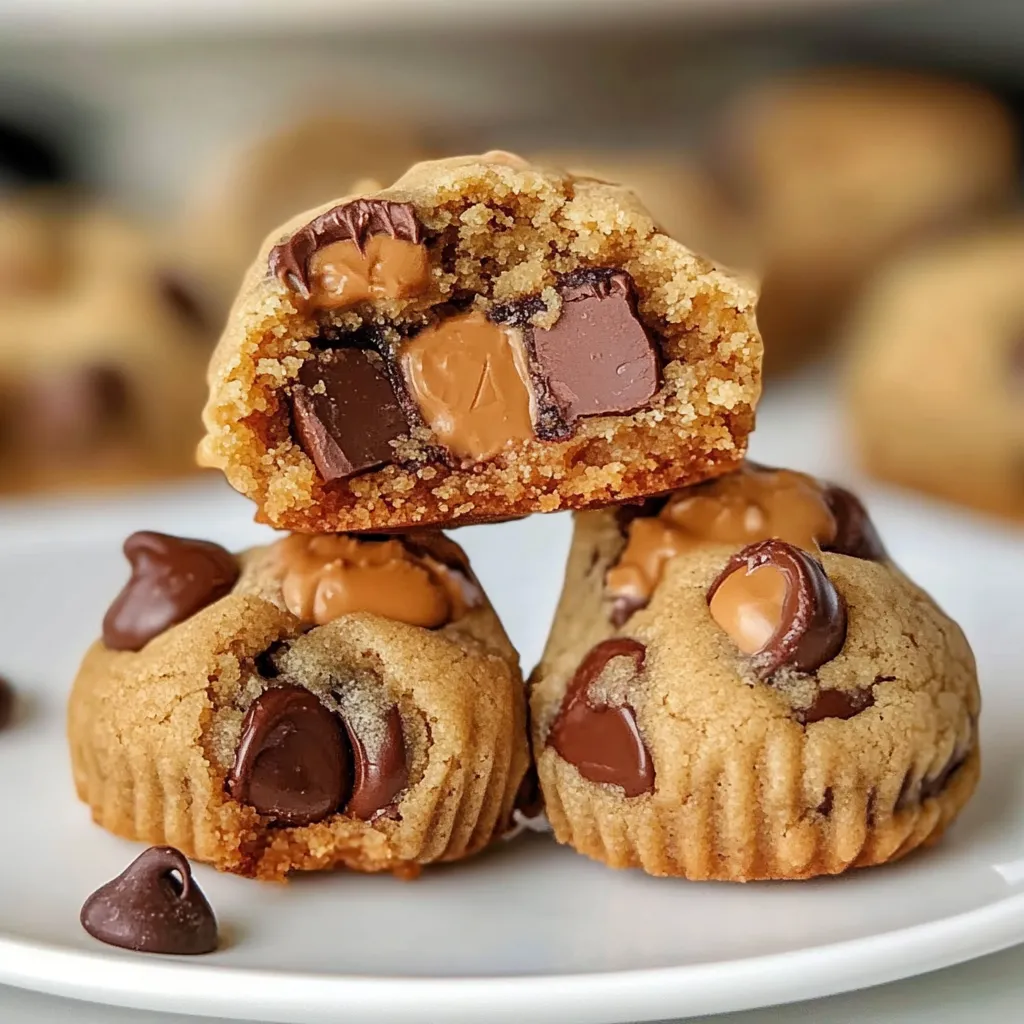 Soft and chewy Reese’s Peanut Butter Chocolate Chip Cookie Bites stacked on a plate.