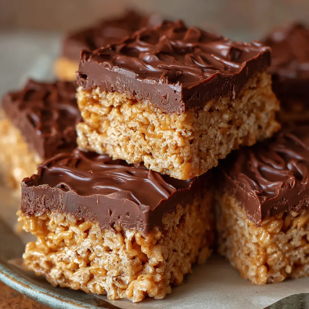 Scotcheroos dessert bars topped with melted chocolate and butterscotch in a glass dish
