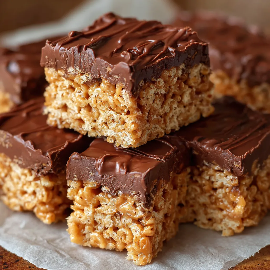 Scotcheroos dessert bars topped with melted chocolate and butterscotch in a glass dish