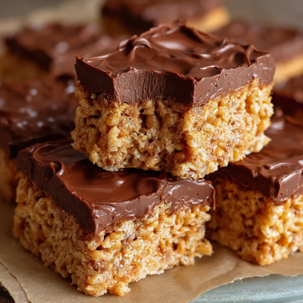 Scotcheroos dessert bars topped with melted chocolate and butterscotch in a glass dish