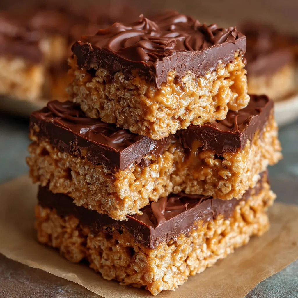 Scotcheroos dessert bars topped with melted chocolate and butterscotch in a glass dish