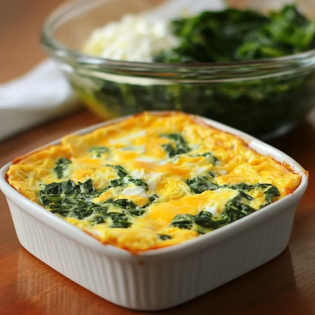 Baked spinach, egg, and cheese casserole fresh out of the oven