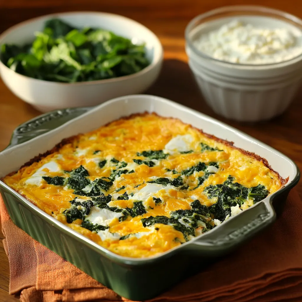Baked spinach, egg, and cheese casserole fresh out of the oven