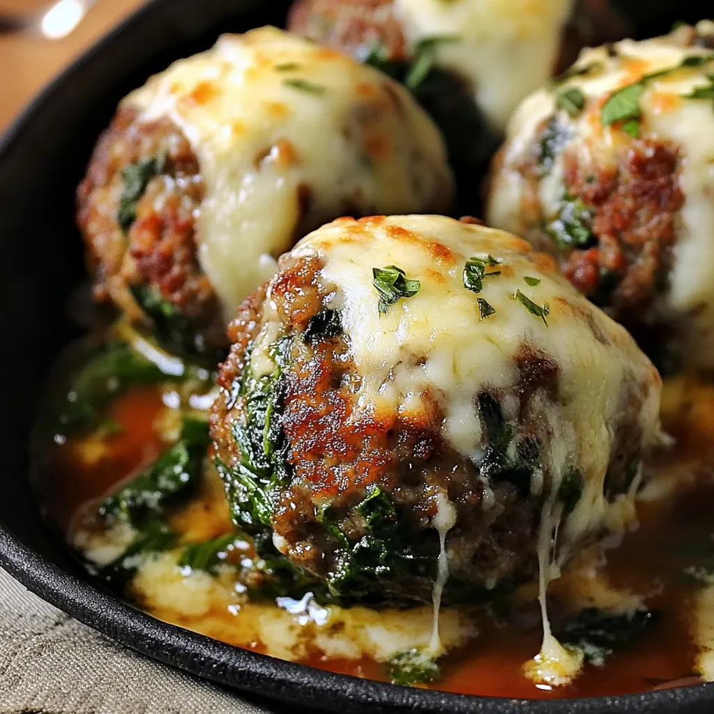 Mozzarella-stuffed spinach garlic meatballs served with marinara sauce