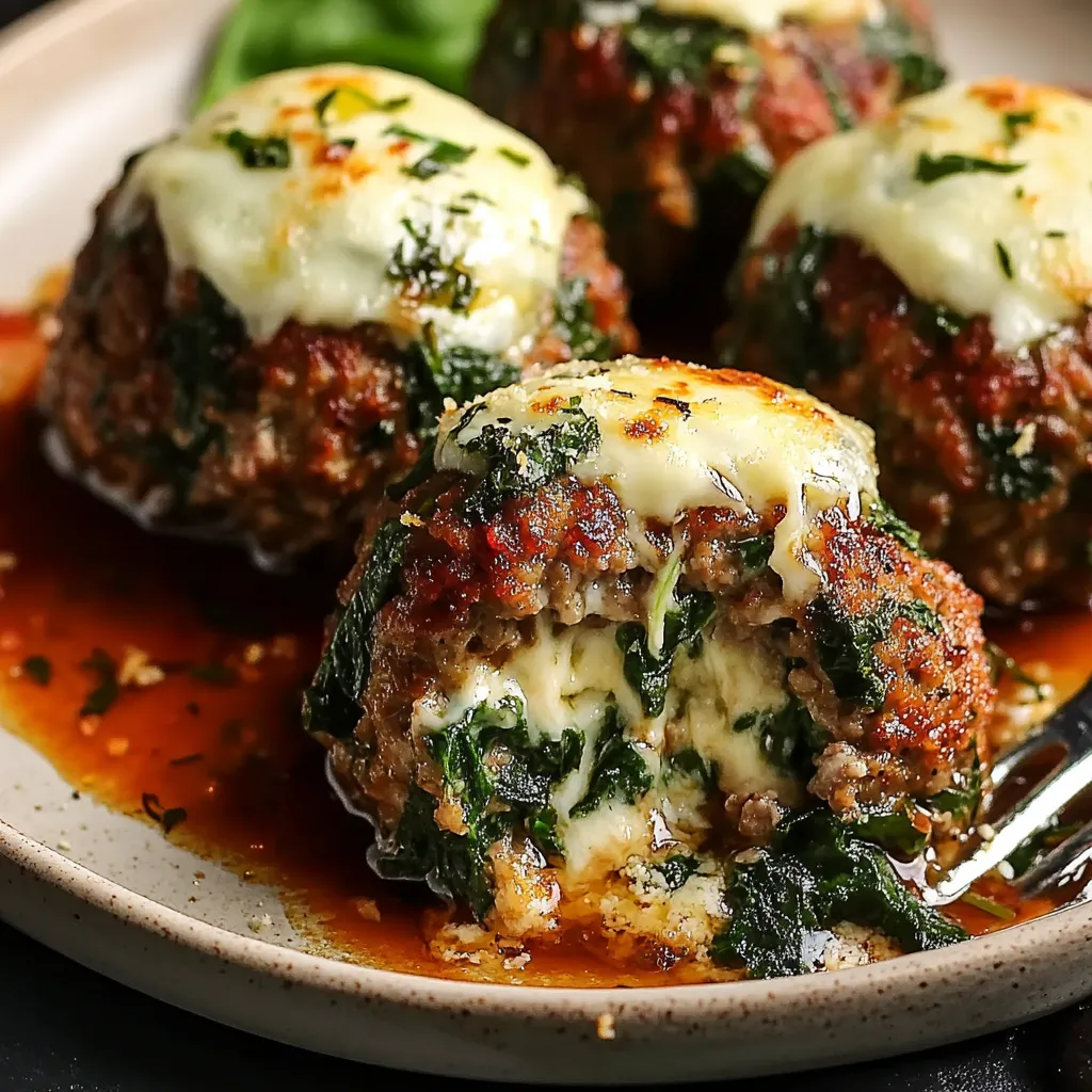 Mozzarella-stuffed spinach garlic meatballs served with marinara sauce