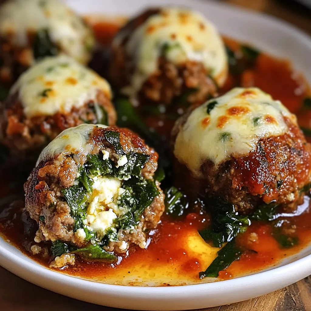 Mozzarella-stuffed spinach garlic meatballs served with marinara sauce