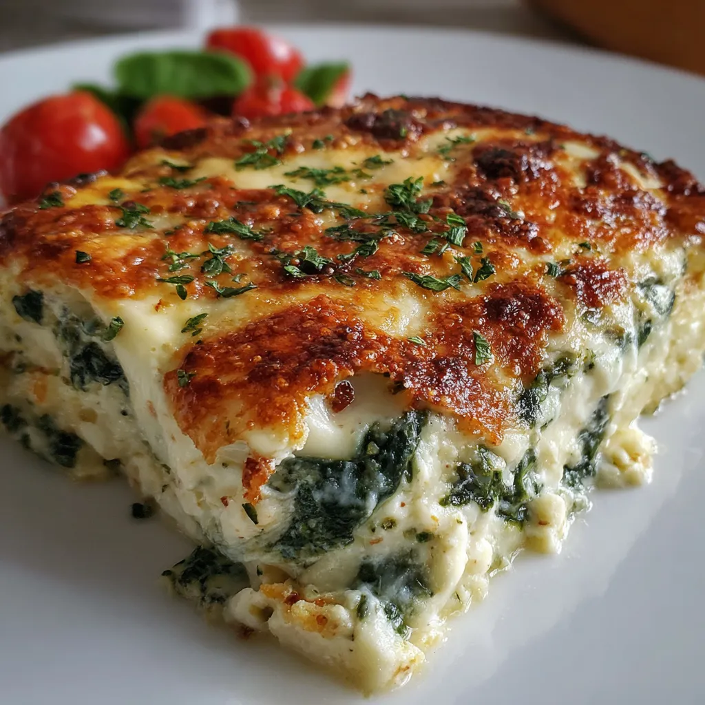 Cheesy spinach and cheese casserole fresh from the oven in a white ceramic baking dish