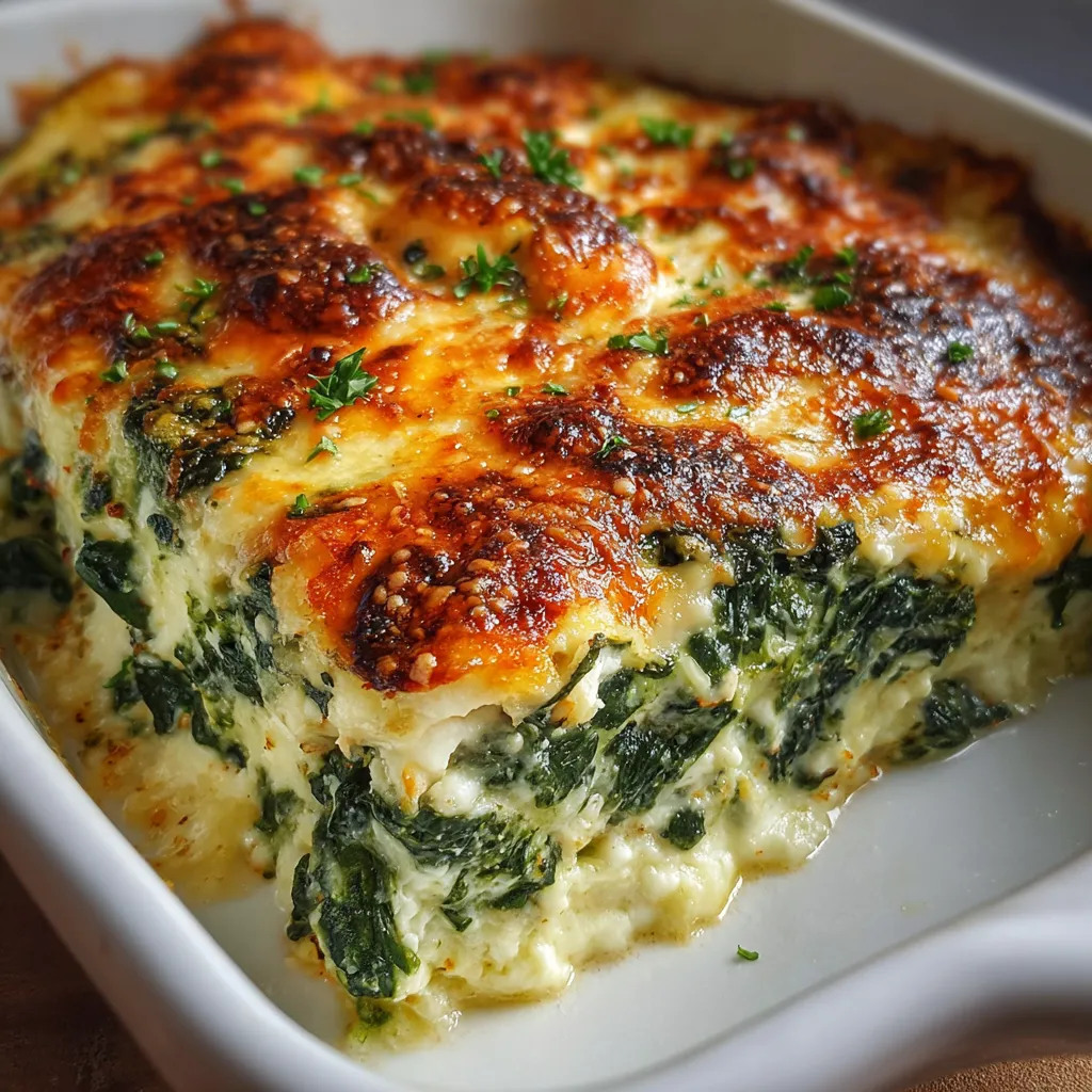 Cheesy spinach and cheese casserole fresh from the oven in a white ceramic baking dish