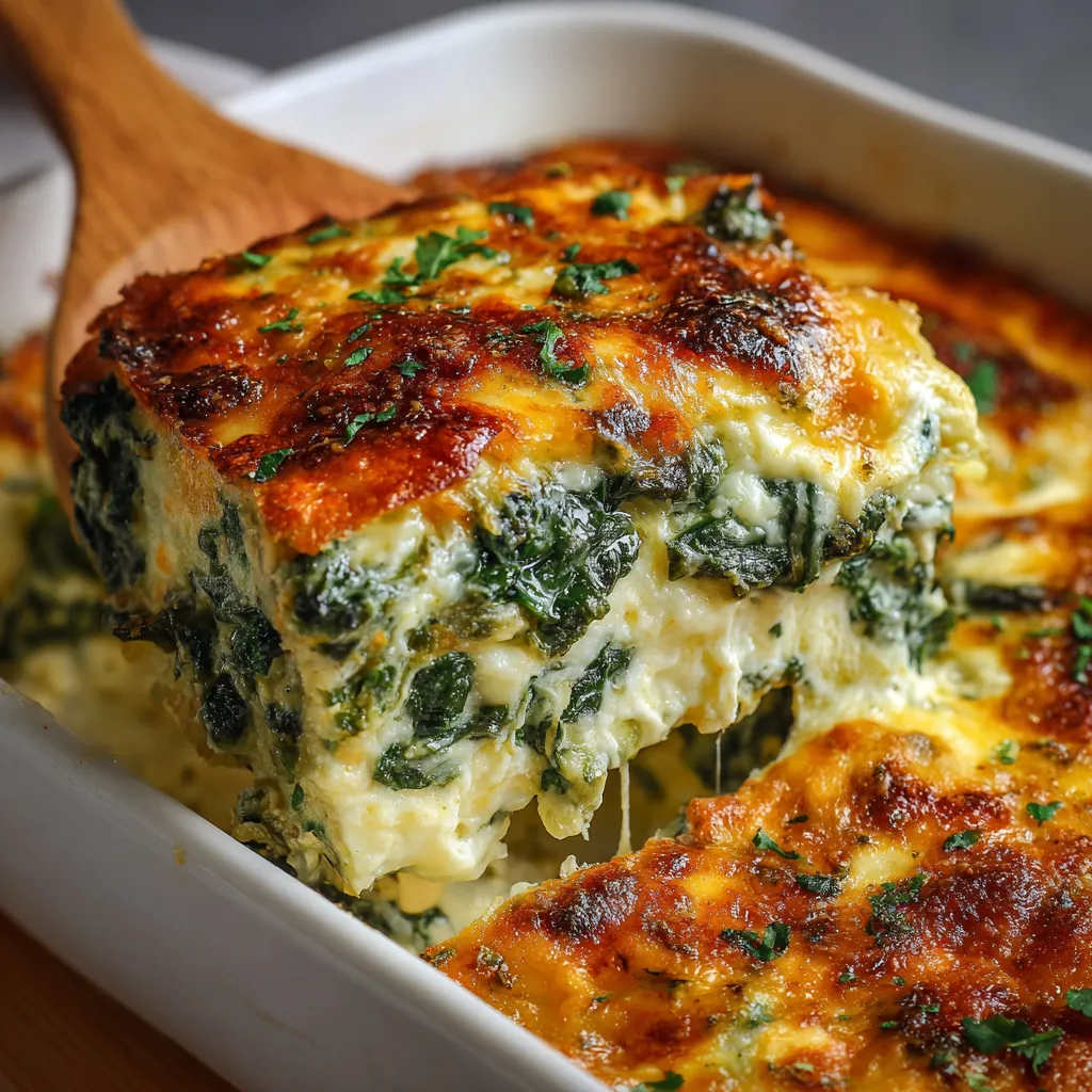 Cheesy spinach and cheese casserole fresh from the oven in a white ceramic baking dish