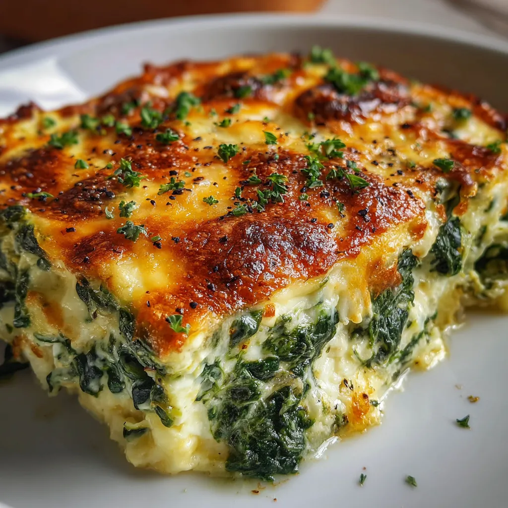 Cheesy spinach and cheese casserole fresh from the oven in a white ceramic baking dish