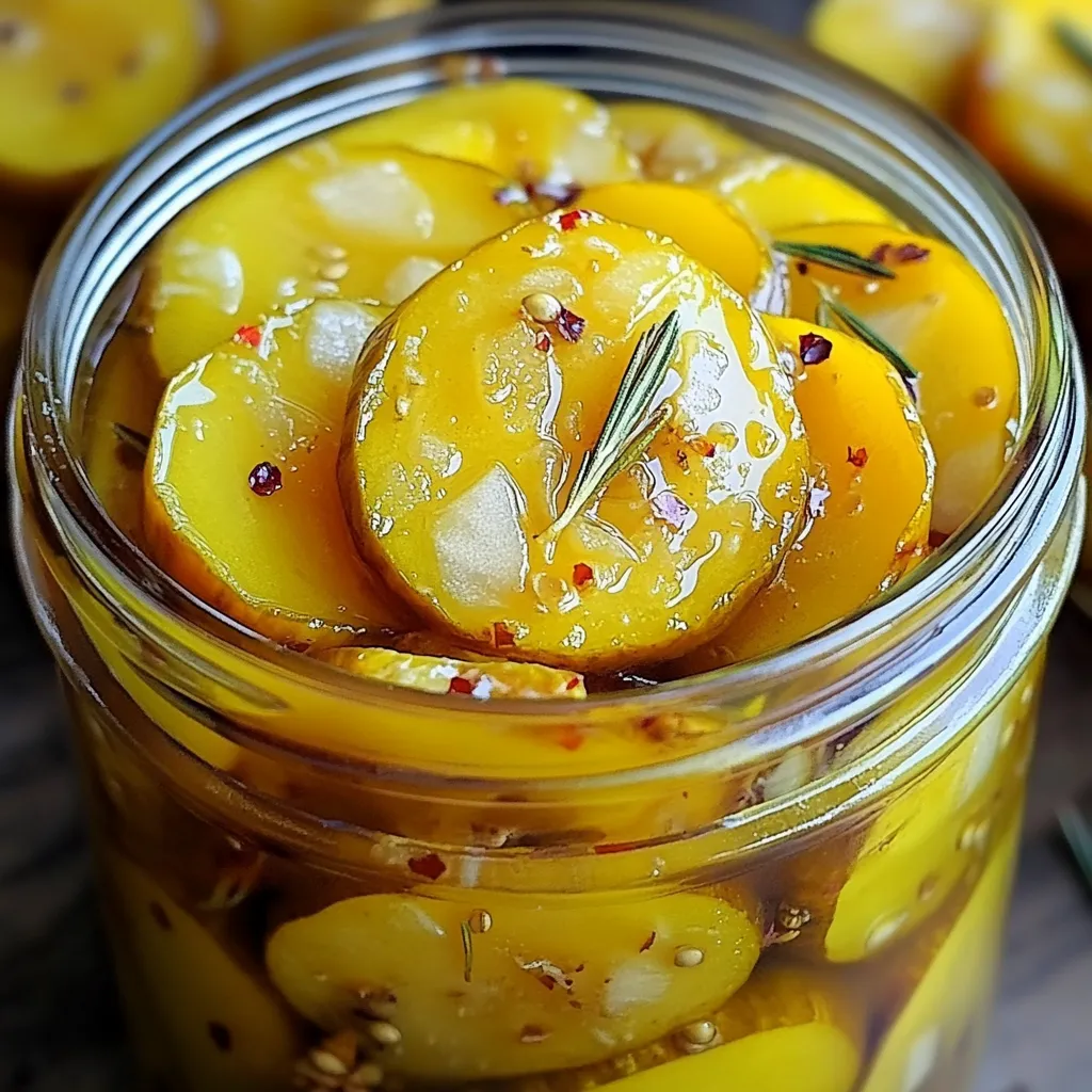 A jar of sweet yellow squash pickles with mustard seeds and onions.