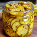 A jar of sweet yellow squash pickles with mustard seeds and onions.
