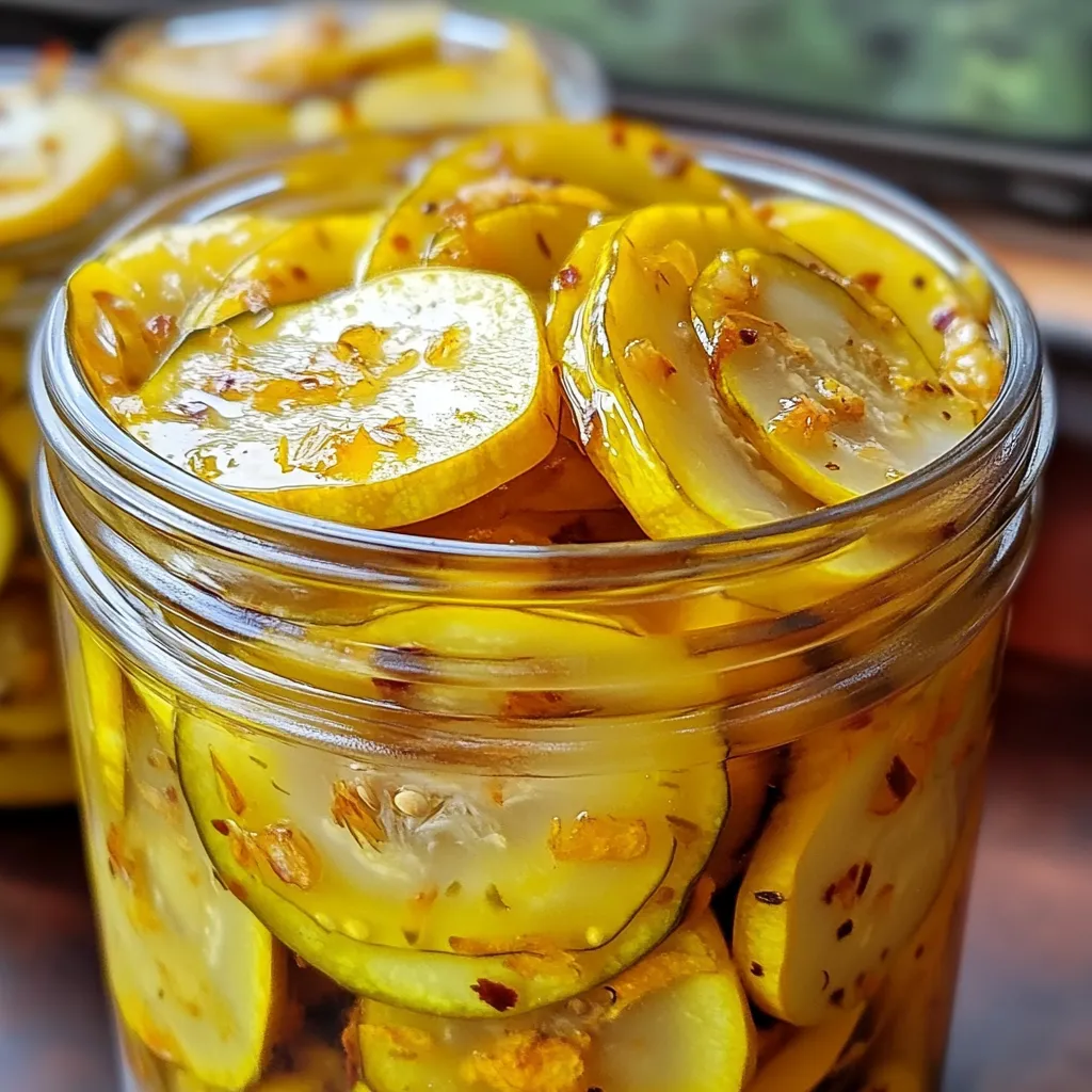 A jar of sweet yellow squash pickles with mustard seeds and onions.