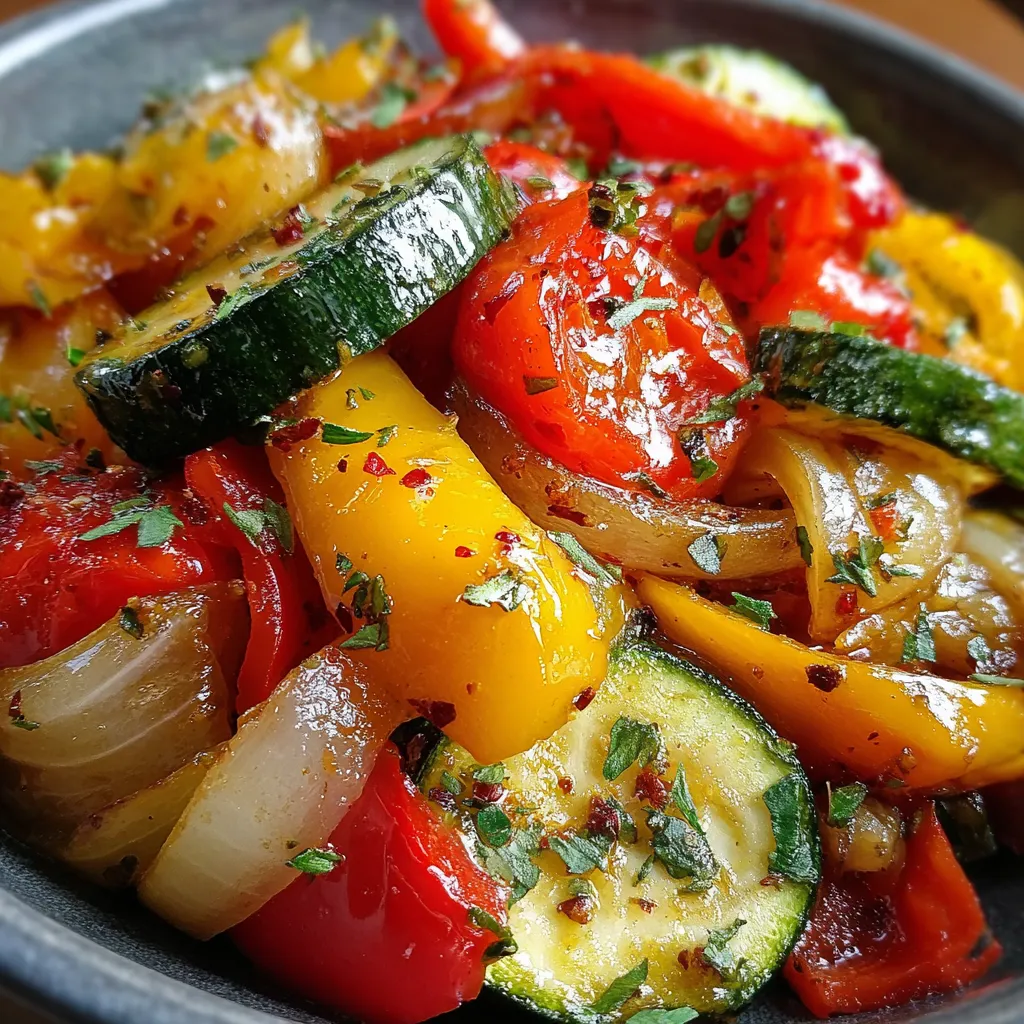 Sweet and Sour Summer Vegetables in a skillet topped with fresh herbs