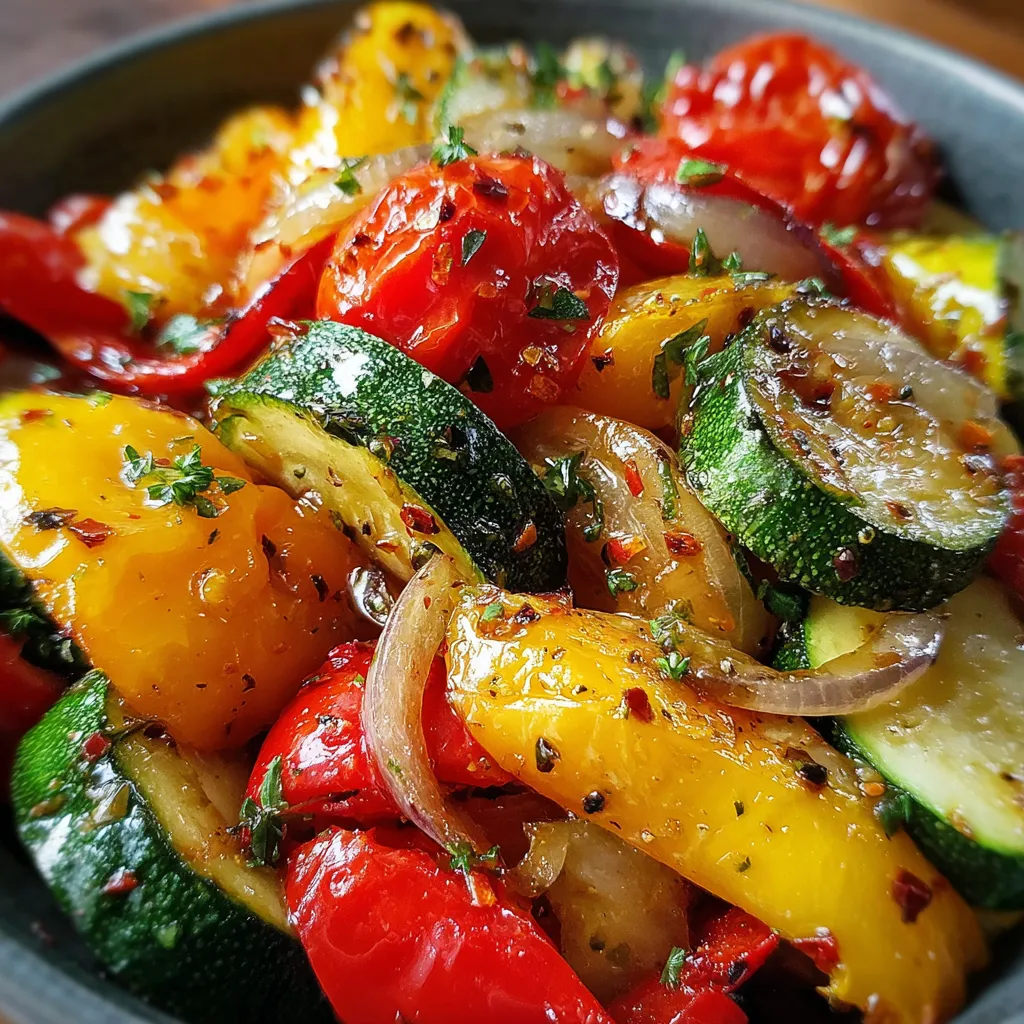 Sweet and Sour Summer Vegetables in a skillet topped with fresh herbs