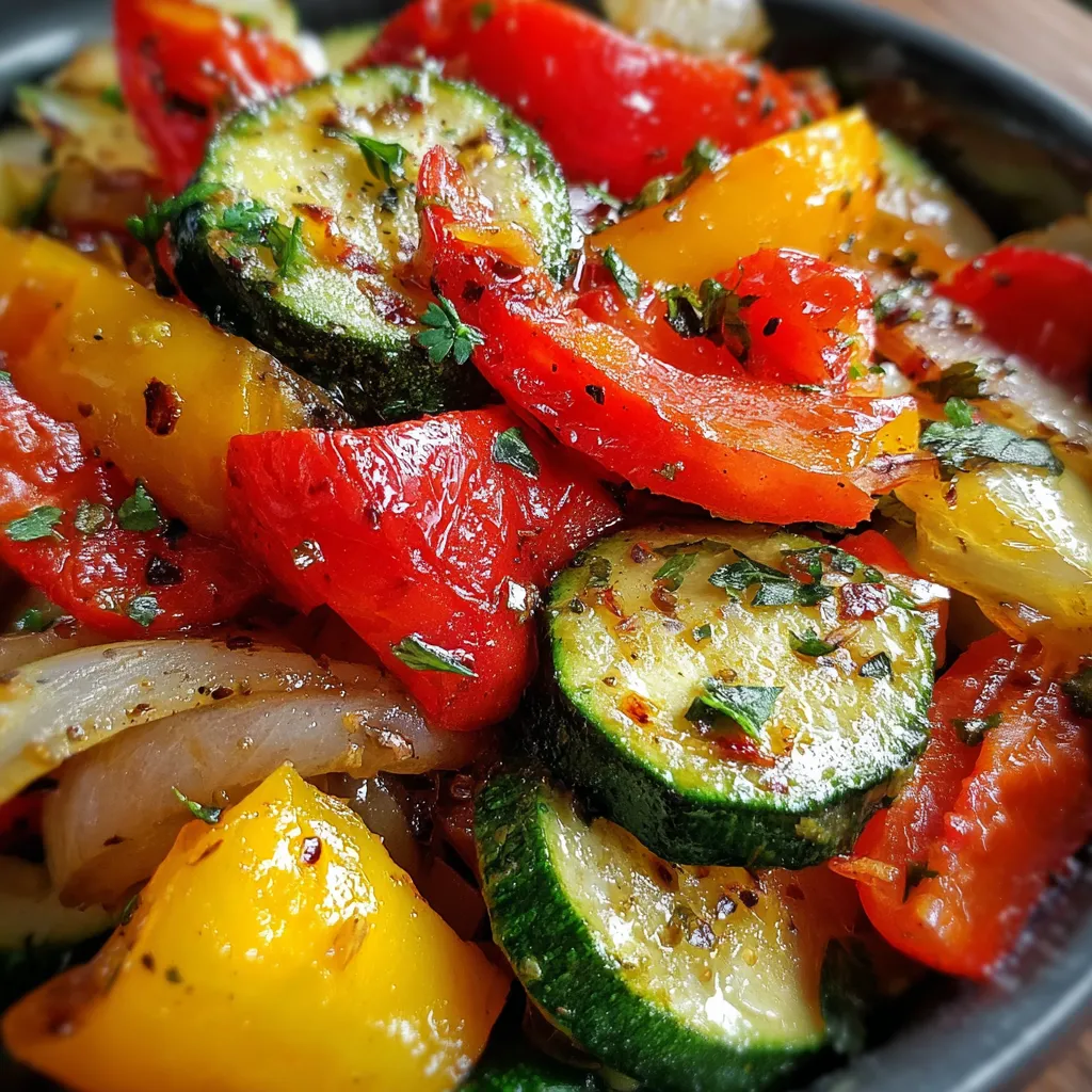 Sweet and Sour Summer Vegetables in a skillet topped with fresh herbs