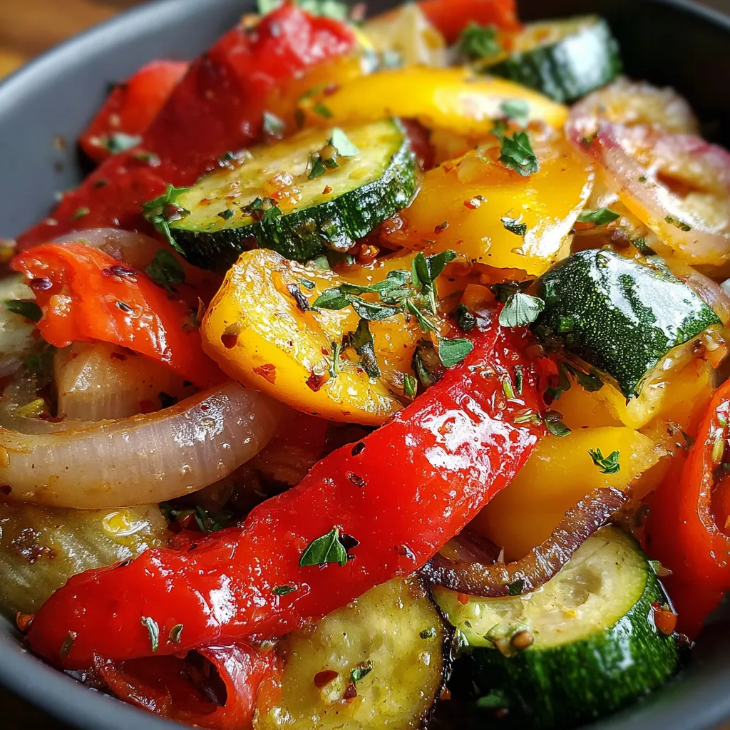 Sweet and Sour Summer Vegetables in a skillet topped with fresh herbs