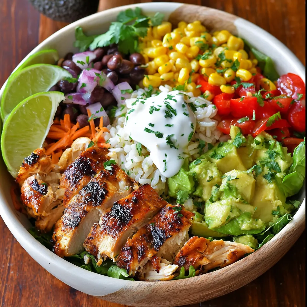 Tequila lime chicken burrito bowl with grilled chicken, rice, avocado, beans, and fresh vegetables