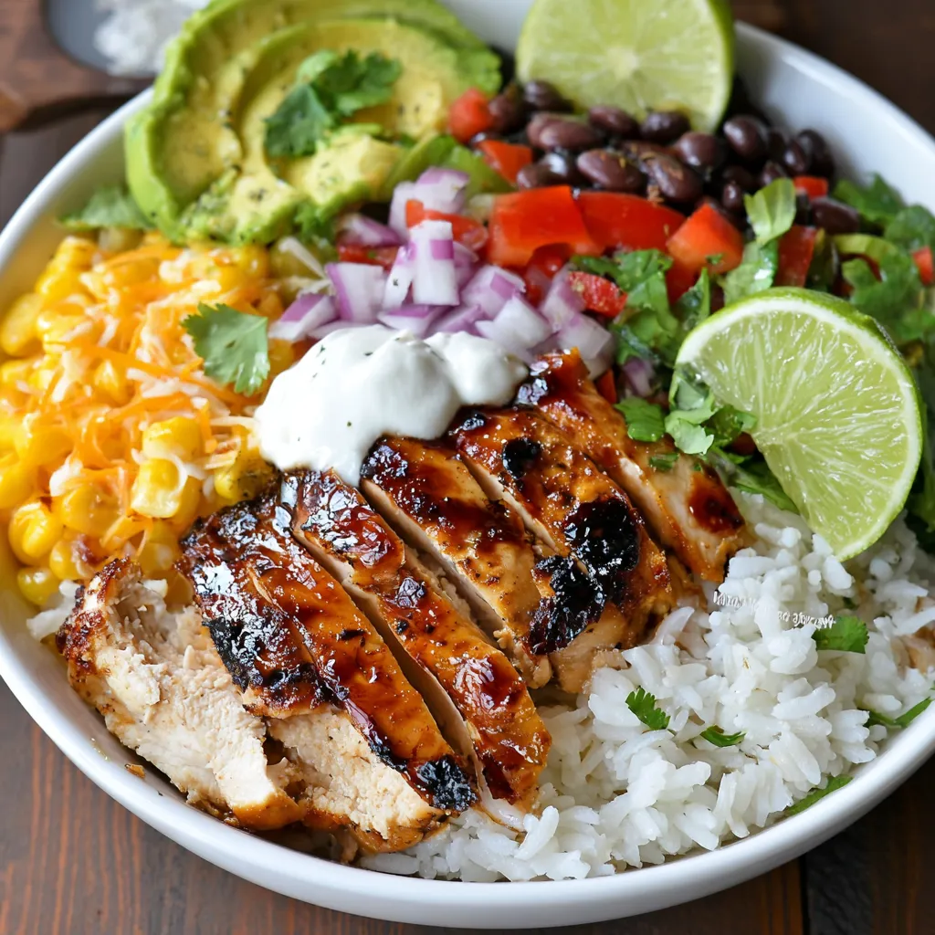 Tequila lime chicken burrito bowl with grilled chicken, rice, avocado, beans, and fresh vegetables