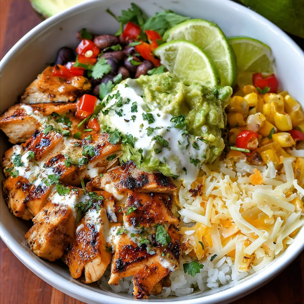 Tequila lime chicken burrito bowl with grilled chicken, rice, avocado, beans, and fresh vegetables