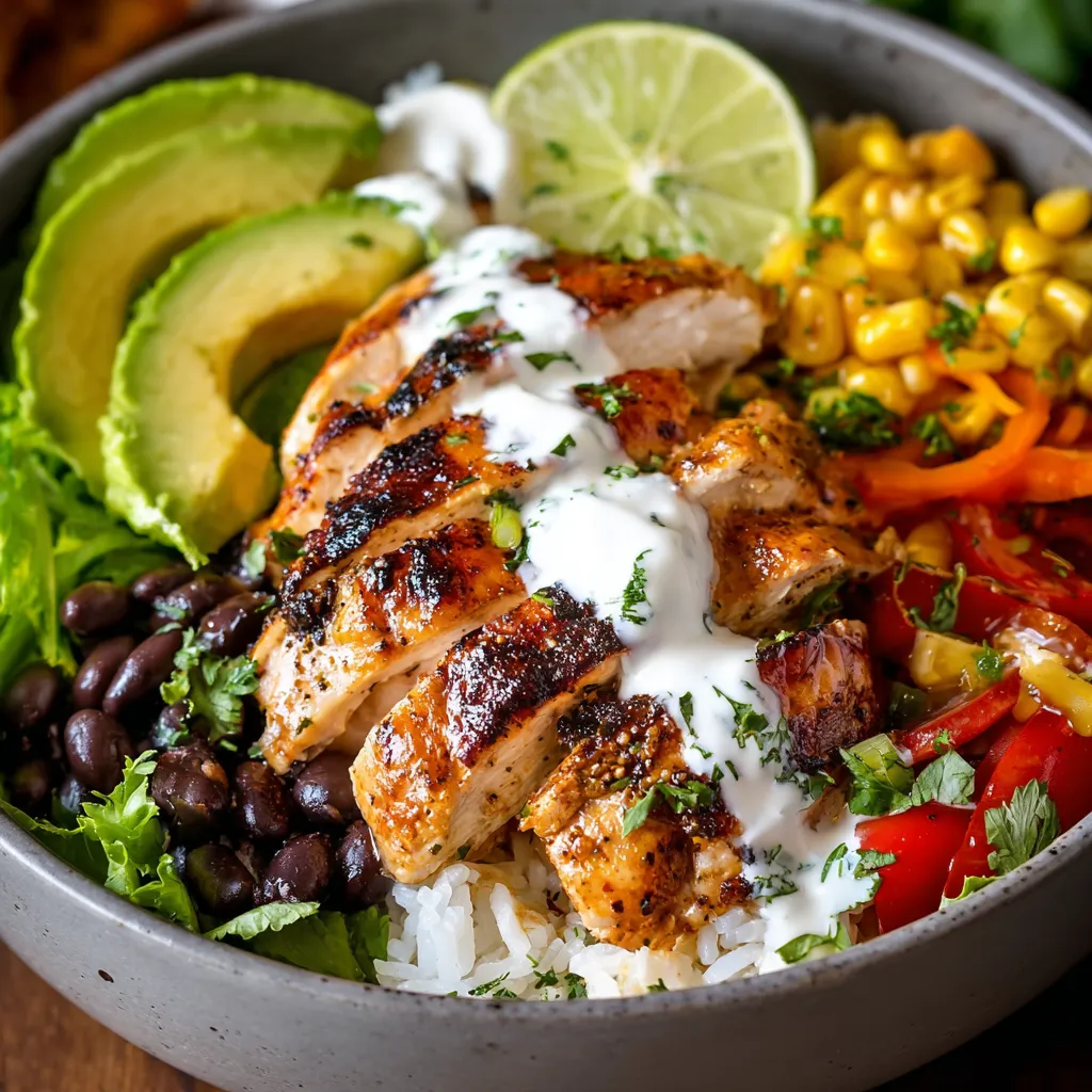 Tequila lime chicken burrito bowl with grilled chicken, rice, avocado, beans, and fresh vegetables