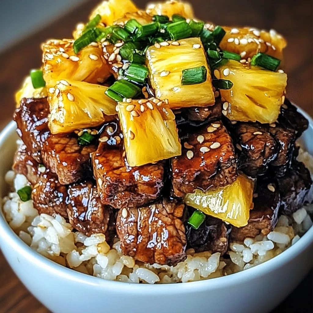 Teriyaki beef and pineapple served over jasmine rice in a white bowl with sesame seeds and green onions