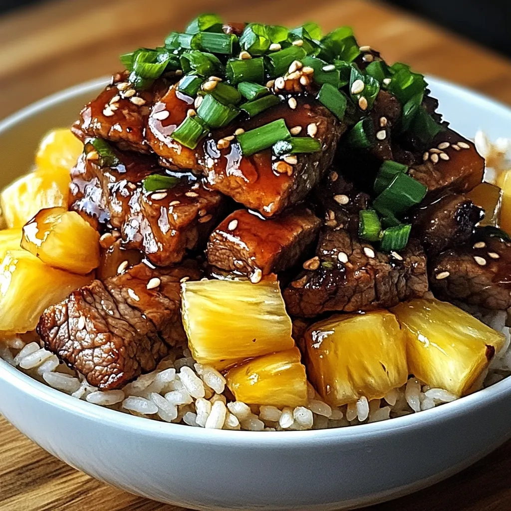 Teriyaki beef and pineapple served over jasmine rice in a white bowl with sesame seeds and green onions