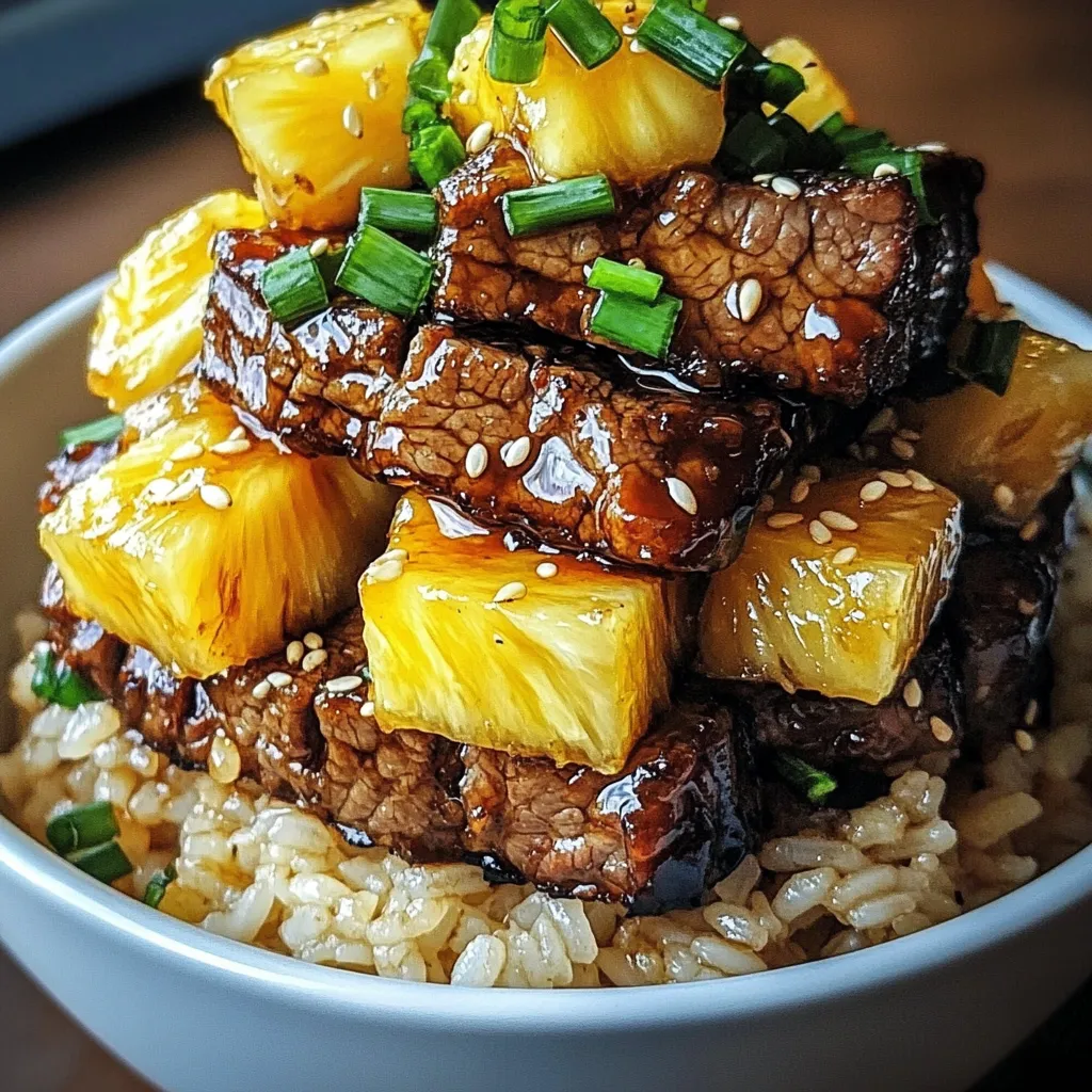 Teriyaki beef and pineapple served over jasmine rice in a white bowl with sesame seeds and green onions