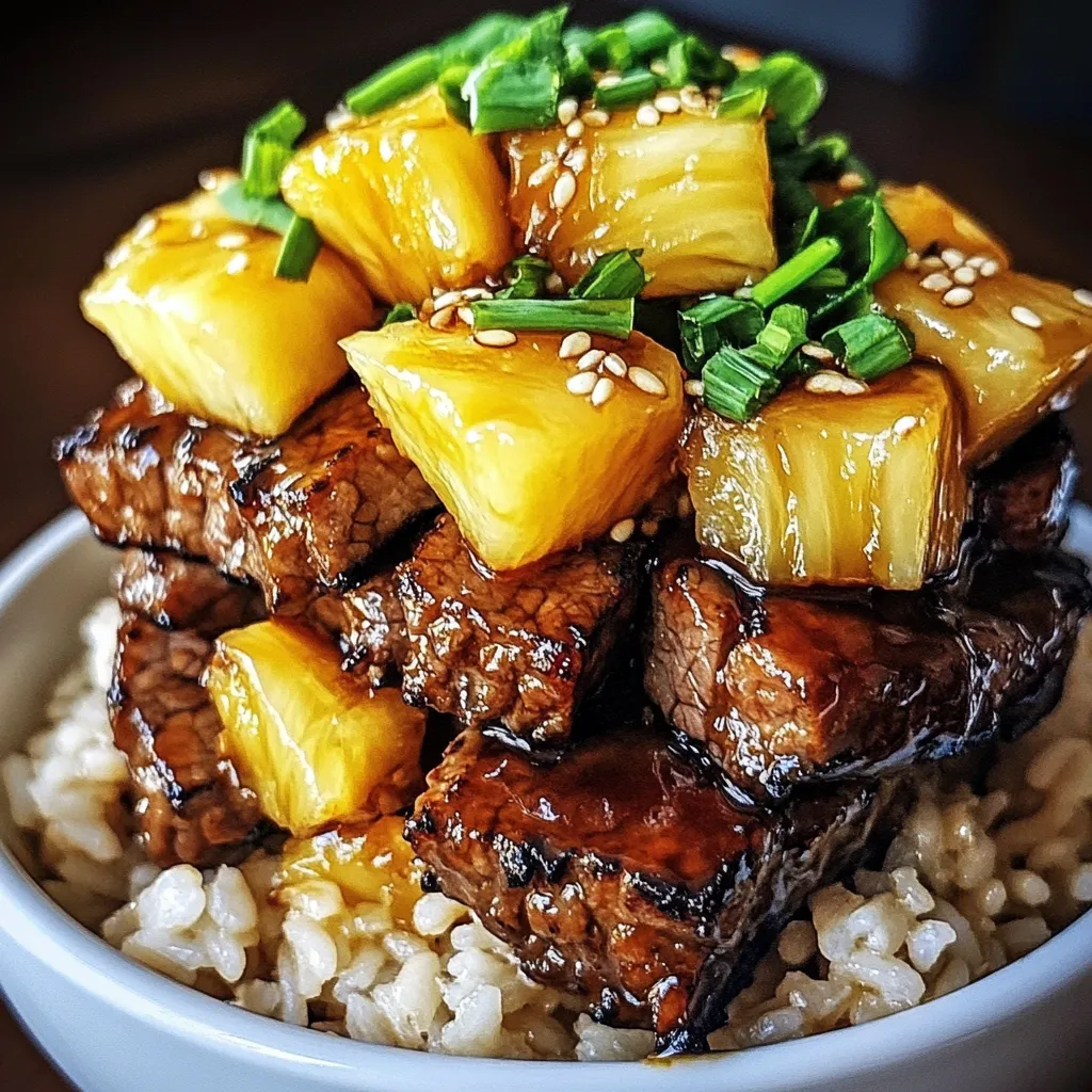 Teriyaki beef and pineapple served over jasmine rice in a white bowl with sesame seeds and green onions