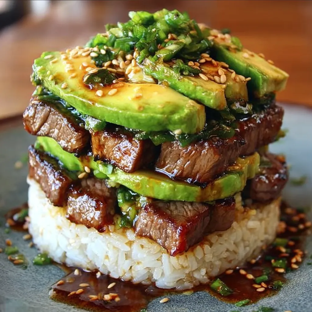 Teriyaki beef and avocado layered rice stack with sesame and green onions on a white plate.
