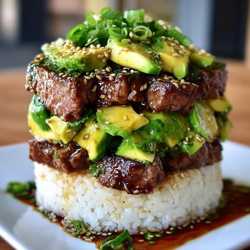 Teriyaki beef and avocado layered rice stack with sesame and green onions on a white plate.