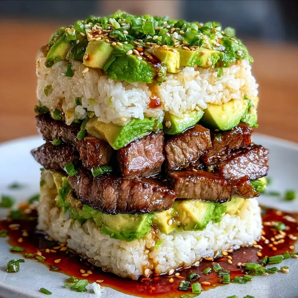 Teriyaki beef and avocado layered rice stack with sesame and green onions on a white plate.