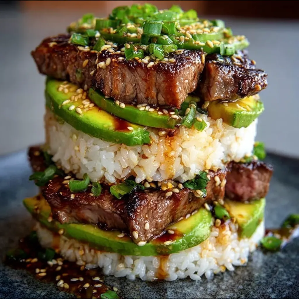 Teriyaki beef and avocado layered rice stack with sesame and green onions on a white plate.
