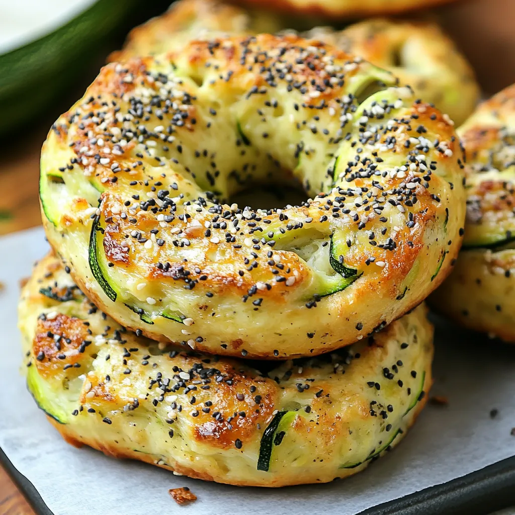Low carb zucchini bagels made with almond flour and mozzarella, freshly baked on a tray