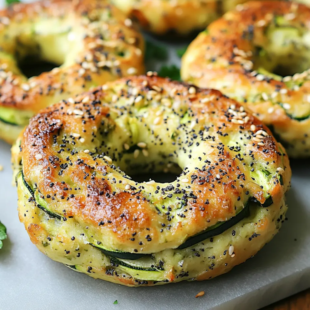 Low carb zucchini bagels made with almond flour and mozzarella, freshly baked on a tray