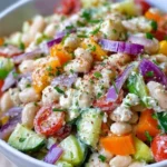 Colorful summer salad in a white bowl with cucumber, tomatoes, and herbs