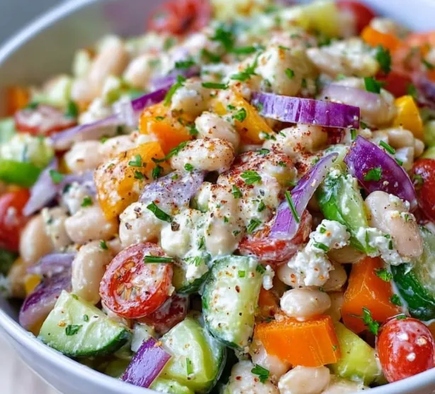 Colorful summer salad in a white bowl with cucumber, tomatoes, and herbs
