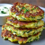 Crispy golden zucchini fritters stacked on a plate with dipping sauce on the side