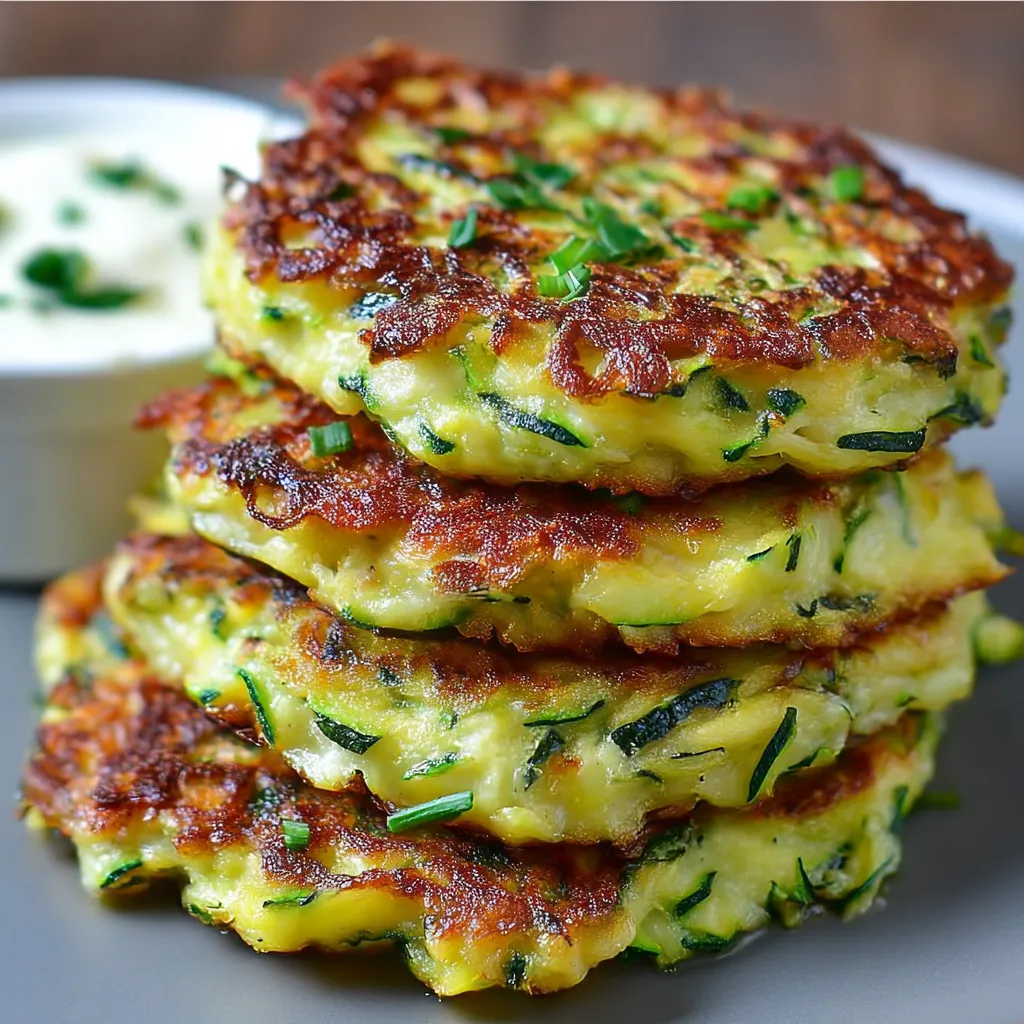 Crispy golden zucchini fritters stacked on a plate with dipping sauce on the side