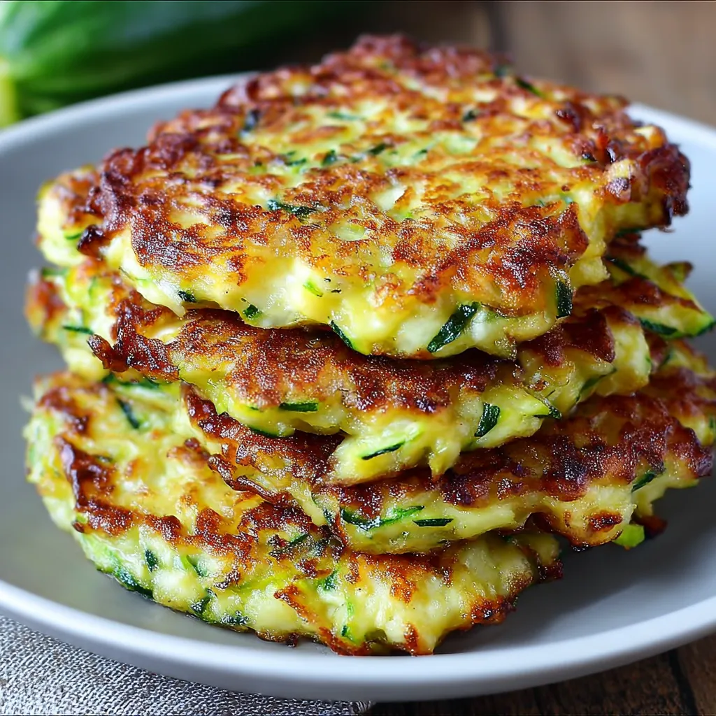 Crispy golden zucchini fritters stacked on a plate with dipping sauce on the side