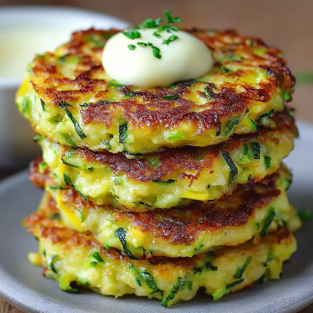 Crispy golden zucchini fritters stacked on a plate with dipping sauce on the side
