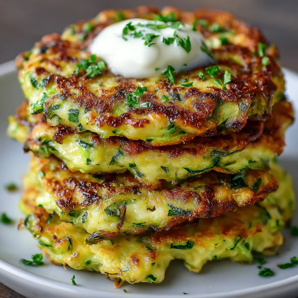 Crispy golden zucchini fritters stacked on a plate with dipping sauce on the side