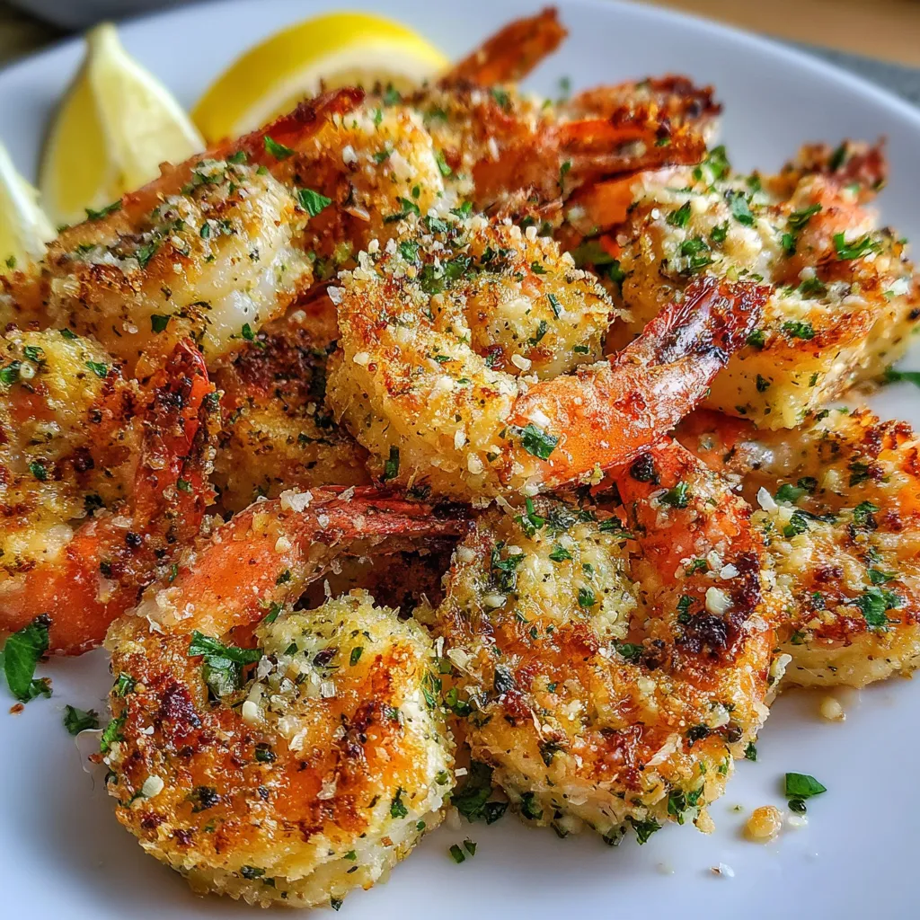 Crispy air fryer garlic parmesan shrimp on a white plate with lemon wedges