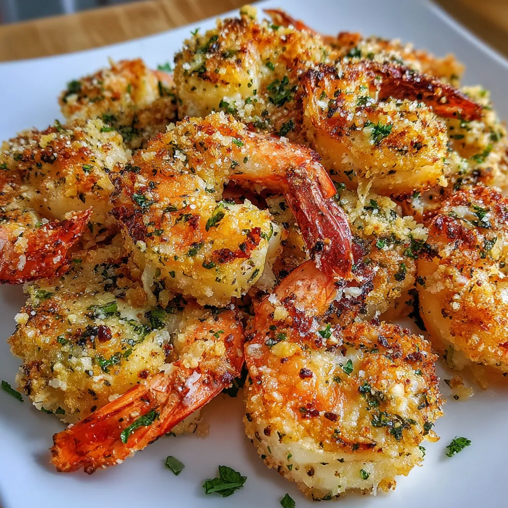 Crispy air fryer garlic parmesan shrimp on a white plate with lemon wedges