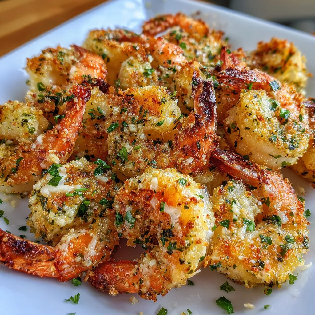Crispy air fryer garlic parmesan shrimp on a white plate with lemon wedges