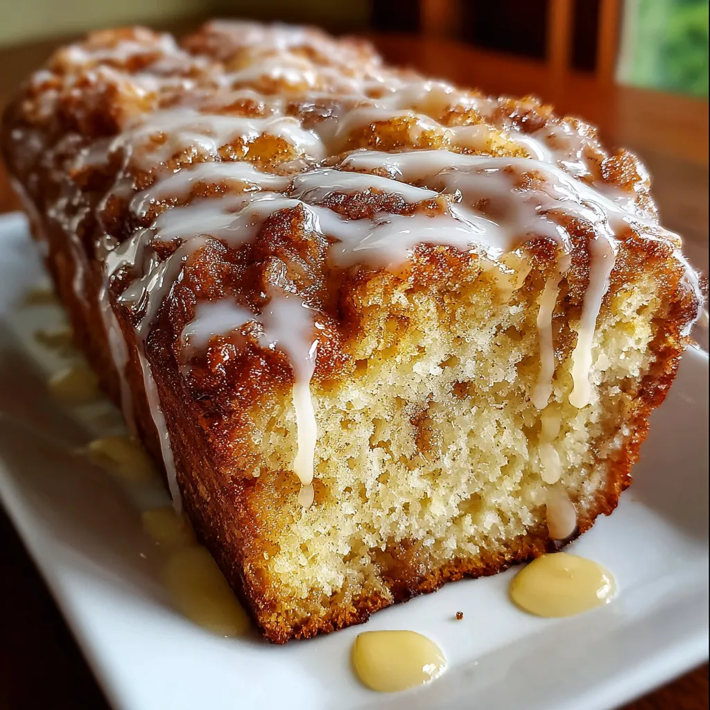 Amish Apple Fritter Bread with cinnamon sugar swirls and glaze on a wooden board