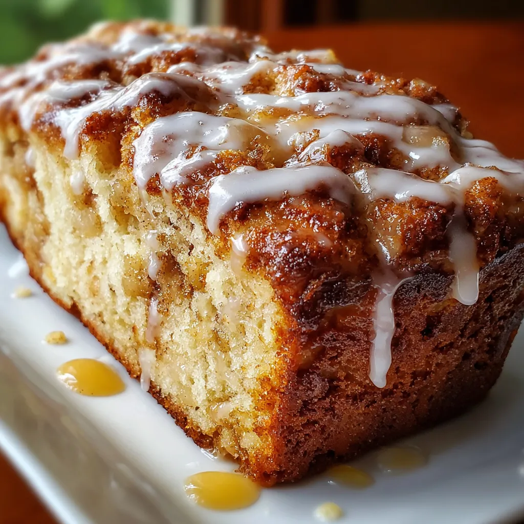Amish Apple Fritter Bread with cinnamon sugar swirls and glaze on a wooden board